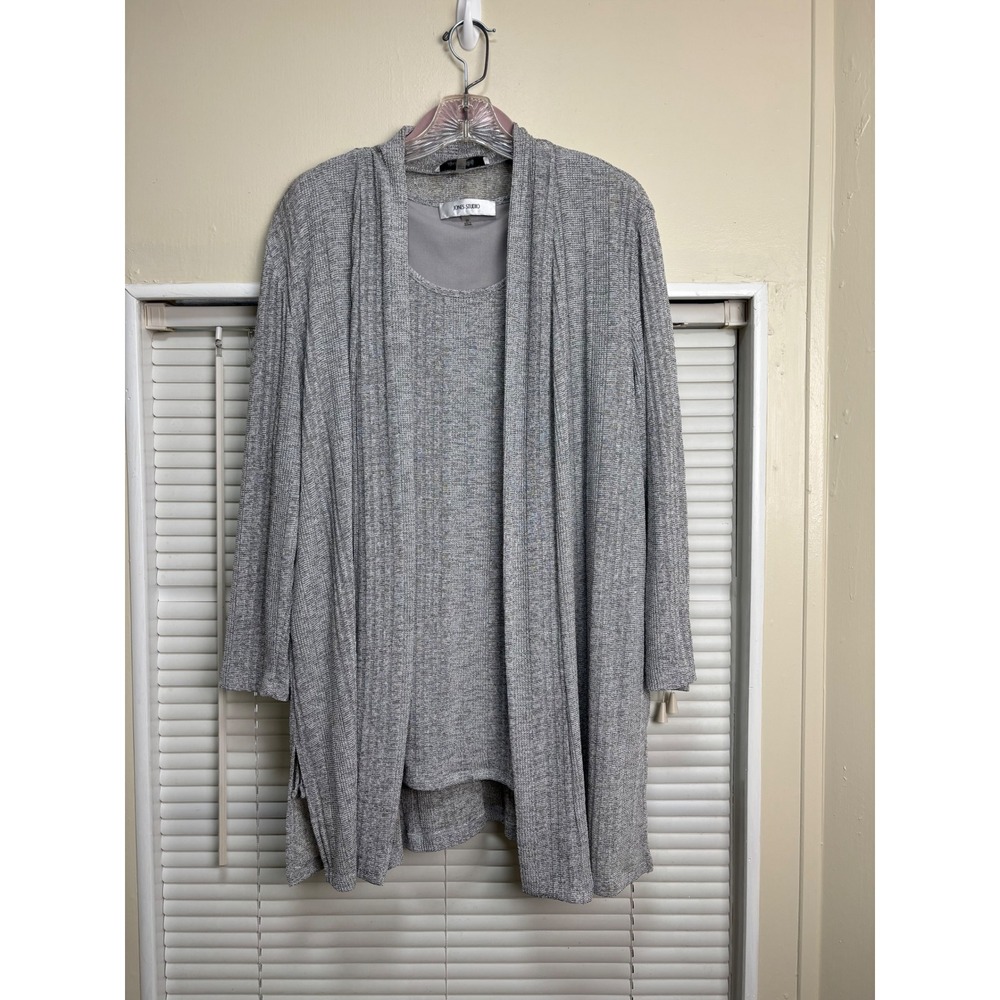 Jones Studio Womens 2X Grey Ribbed Knit Cardigan and Tank Top Twin Set 2 Piece